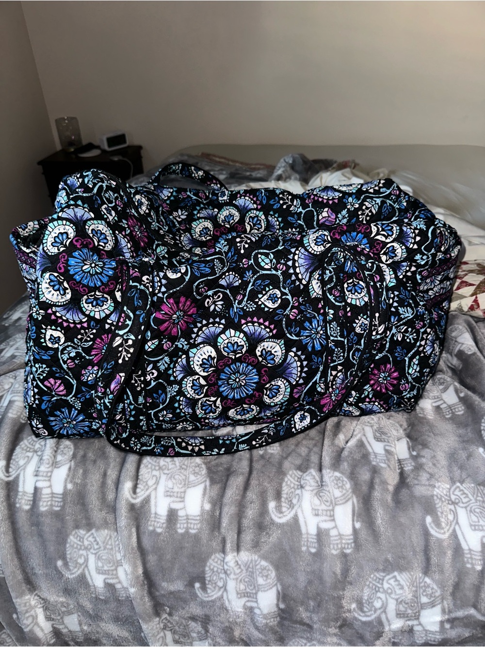 Quilted Floral large duffel Bag in Black with Blue & Purple Accents